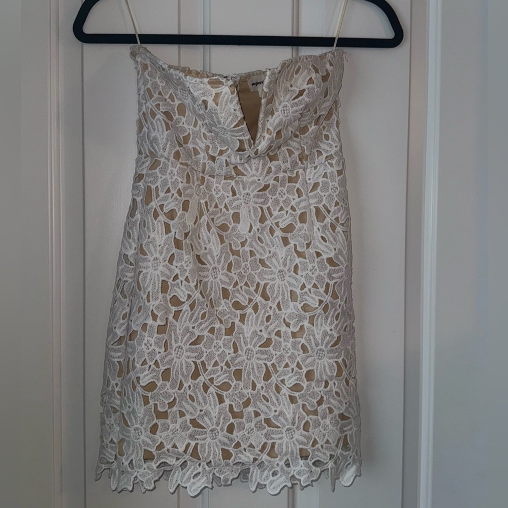 White Lace/Tan Summer Revolve Mini Dress